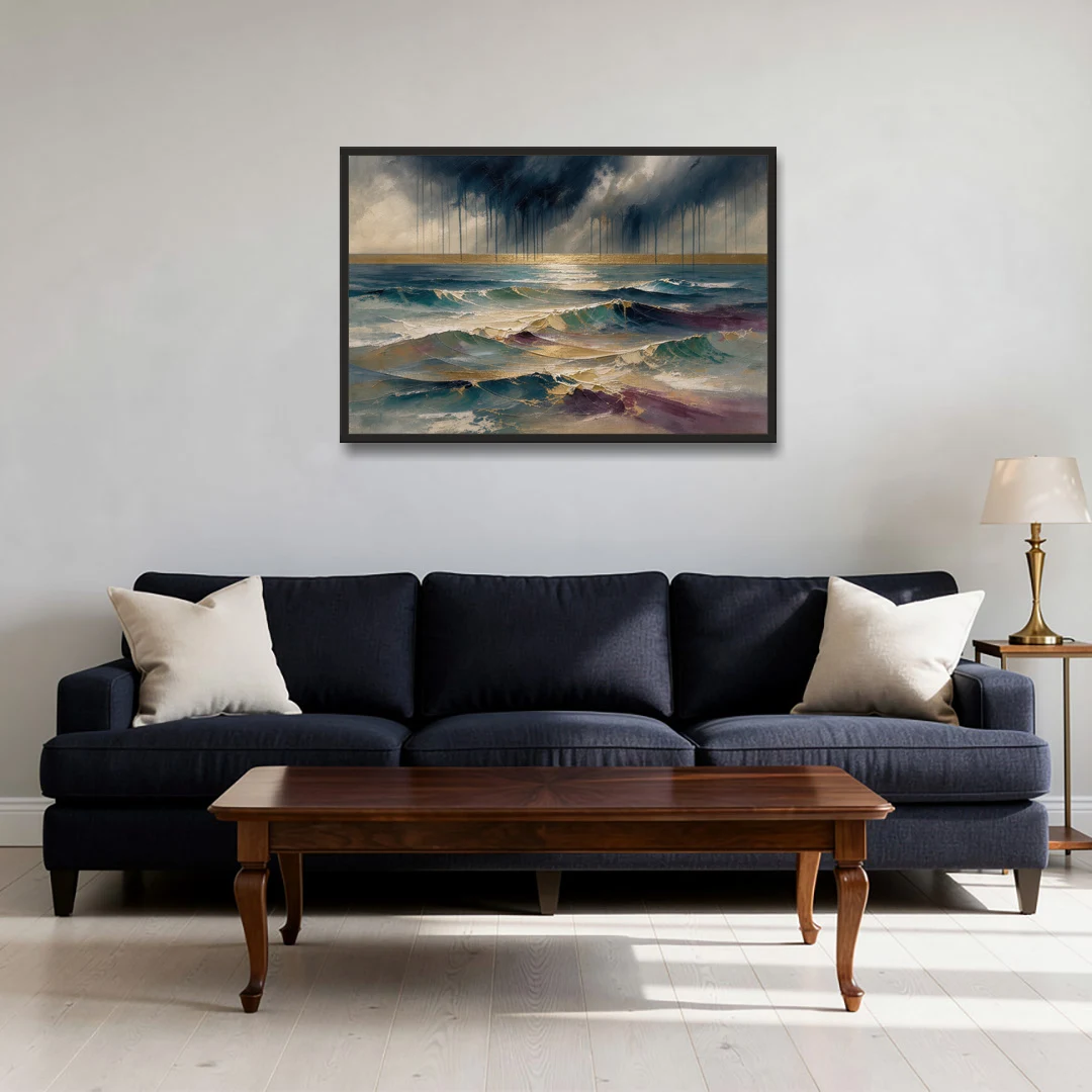 Abstract Seascape Painting with Gold Horizon - Black Framed Canvas Wall Art - Sofa - 36x24