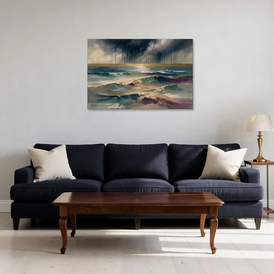Abstract Seascape Painting with Gold Horizon - Canvas Wall Art - Sofa - 36x24