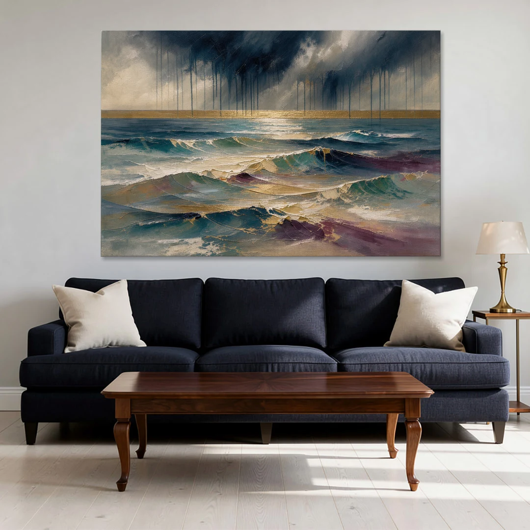 Abstract Seascape Painting with Gold Horizon - Canvas Wall Art - Sofa - 60x40