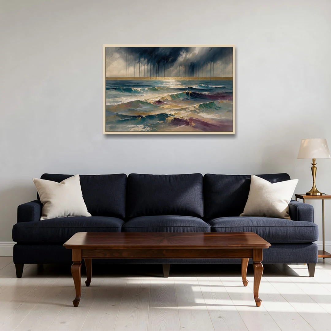 Abstract Seascape Painting with Gold Horizon - Oak Framed Canvas Wall Art - Sofa - 36x24