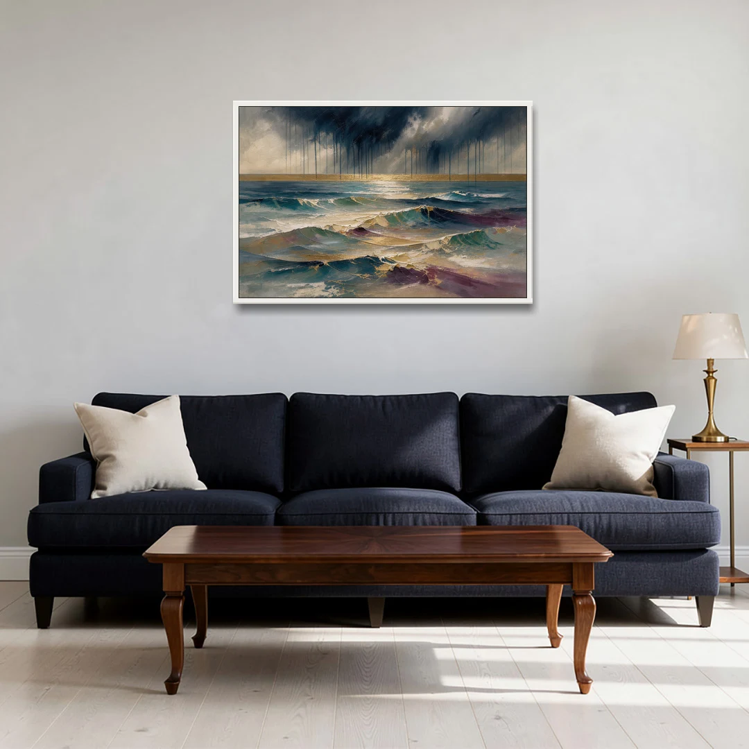 Abstract Seascape Painting with Gold Horizon - White Framed Canvas Wall Art - Sofa - 36x24