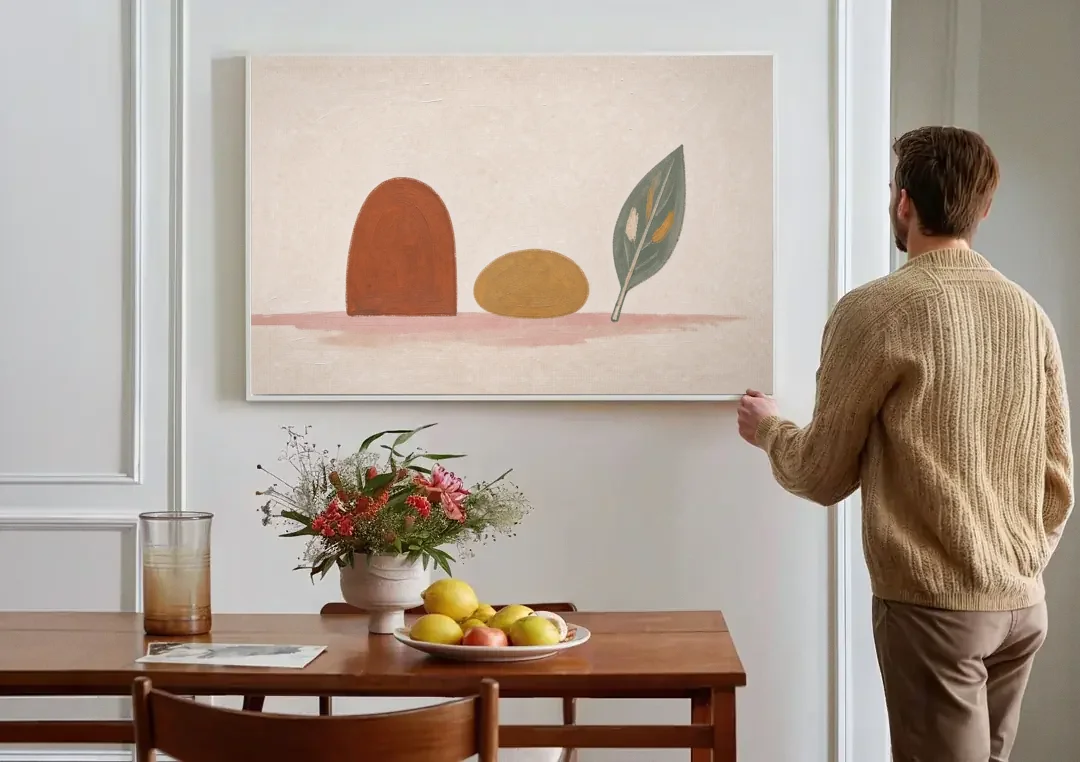 Abstract Shapes Wall Art with Arch, Pebble and Leaf canvas wall art above a dining table