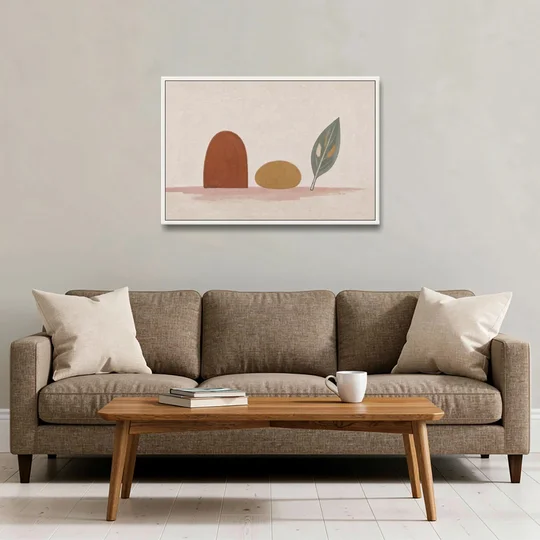 Abstract Shapes Wall Art with Arch, Pebble and Leaf - White Framed Canvas Wall Art - Sofa - 36x24
