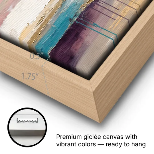 Abstract Sun Painting with Gold Drips - Oak Framed Canvas Wall Art - Gallery Wrap Corner