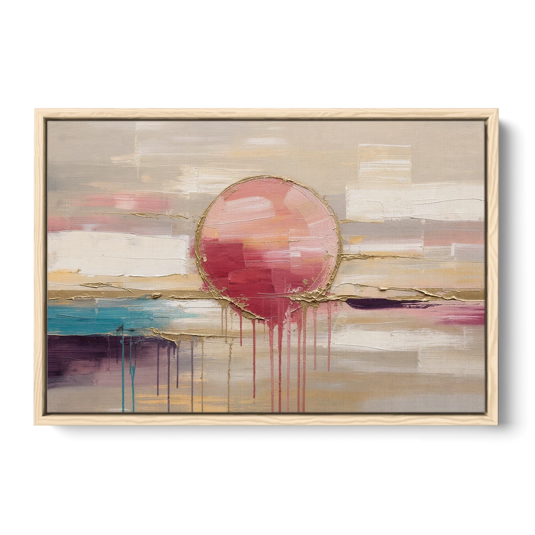 Abstract Sun Painting with Gold Drips - Oak Framed Canvas Wall Art - Front