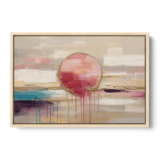 Abstract Sun Painting with Gold Drips - Oak Framed Canvas Wall Art - Front