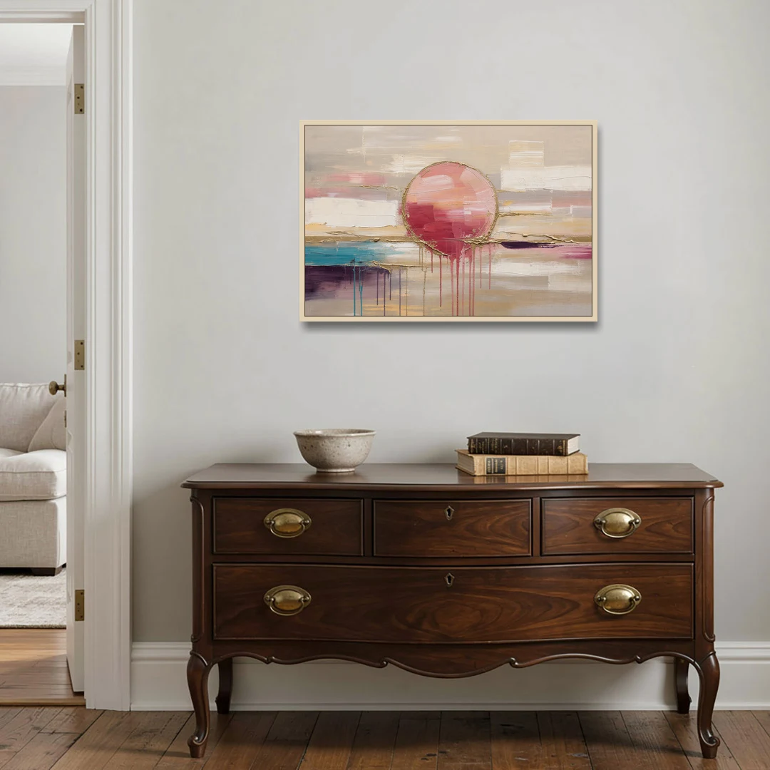 Abstract Sun Painting with Gold Drips - Oak Framed Canvas Wall Art - Coffee Table - 36x24