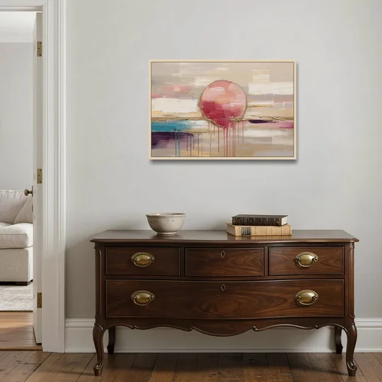 Abstract Sun Painting with Gold Drips - Oak Framed Canvas Wall Art - Coffee Table - 36x24
