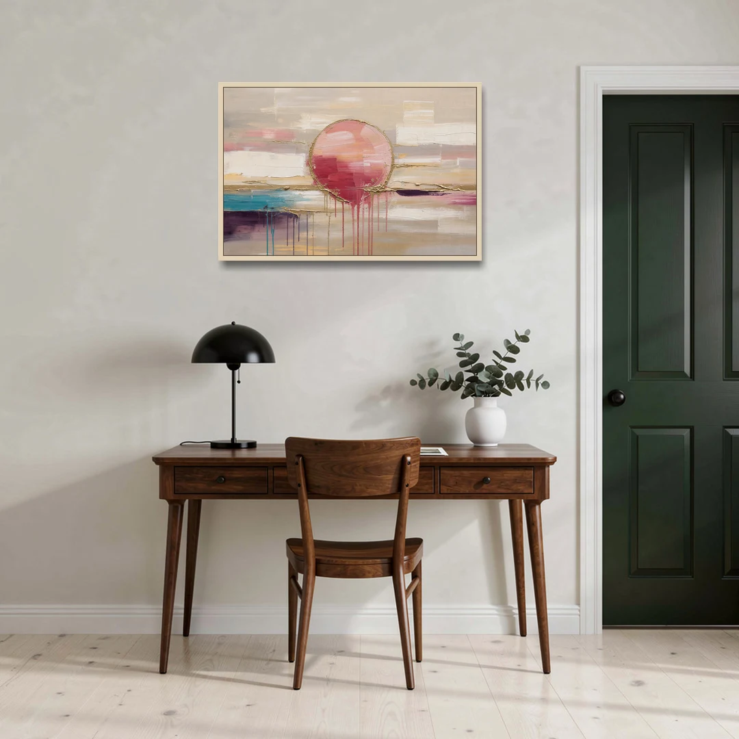 Abstract Sun Painting with Gold Drips - Oak Framed Canvas Wall Art - Office - 36x24