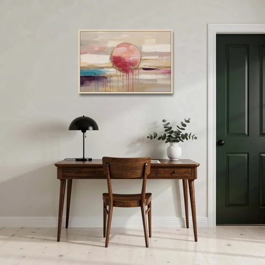 Abstract Sun Painting with Gold Drips - Oak Framed Canvas Wall Art - Office - 36x24