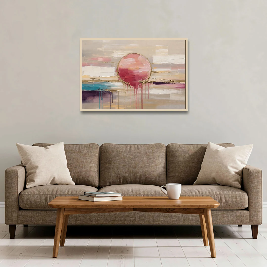Abstract Sun Painting with Gold Drips - Oak Framed Canvas Wall Art - Sofa - 36x24