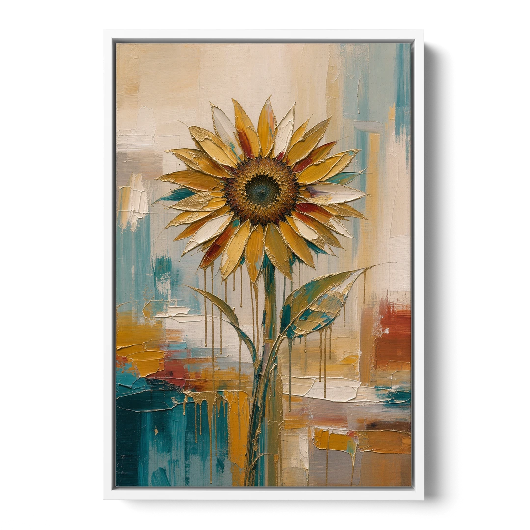 Abstract Sunflower Painting With Gold Drips - White Framed Canvas Wall Art - Front