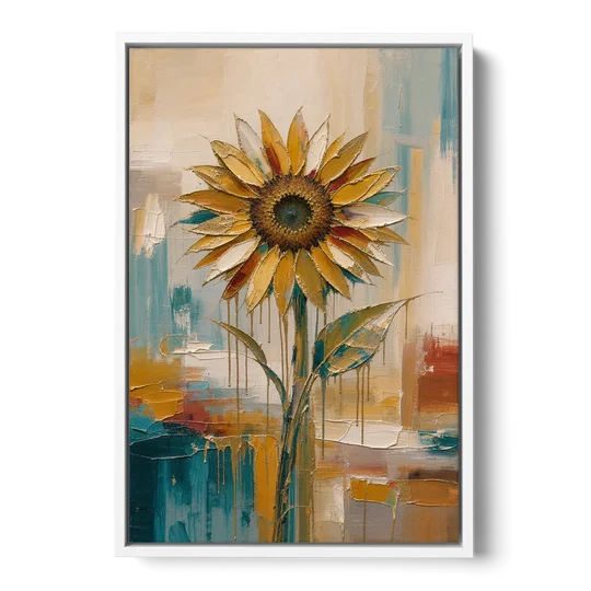Abstract Sunflower Painting With Gold Drips - White Framed Canvas Wall Art - Front