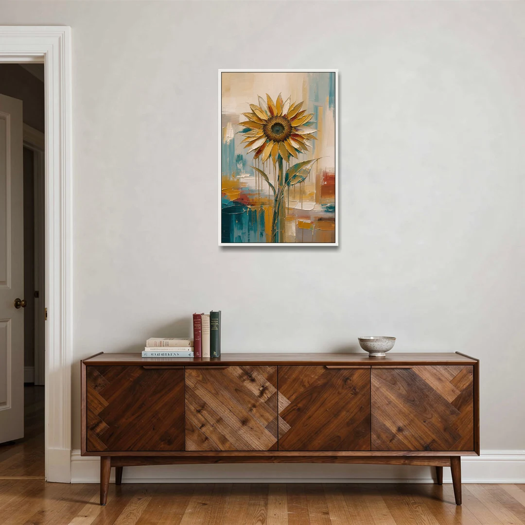Abstract Sunflower Painting With Gold Drips - White Framed Canvas Wall Art - Coffee Table - 24x36