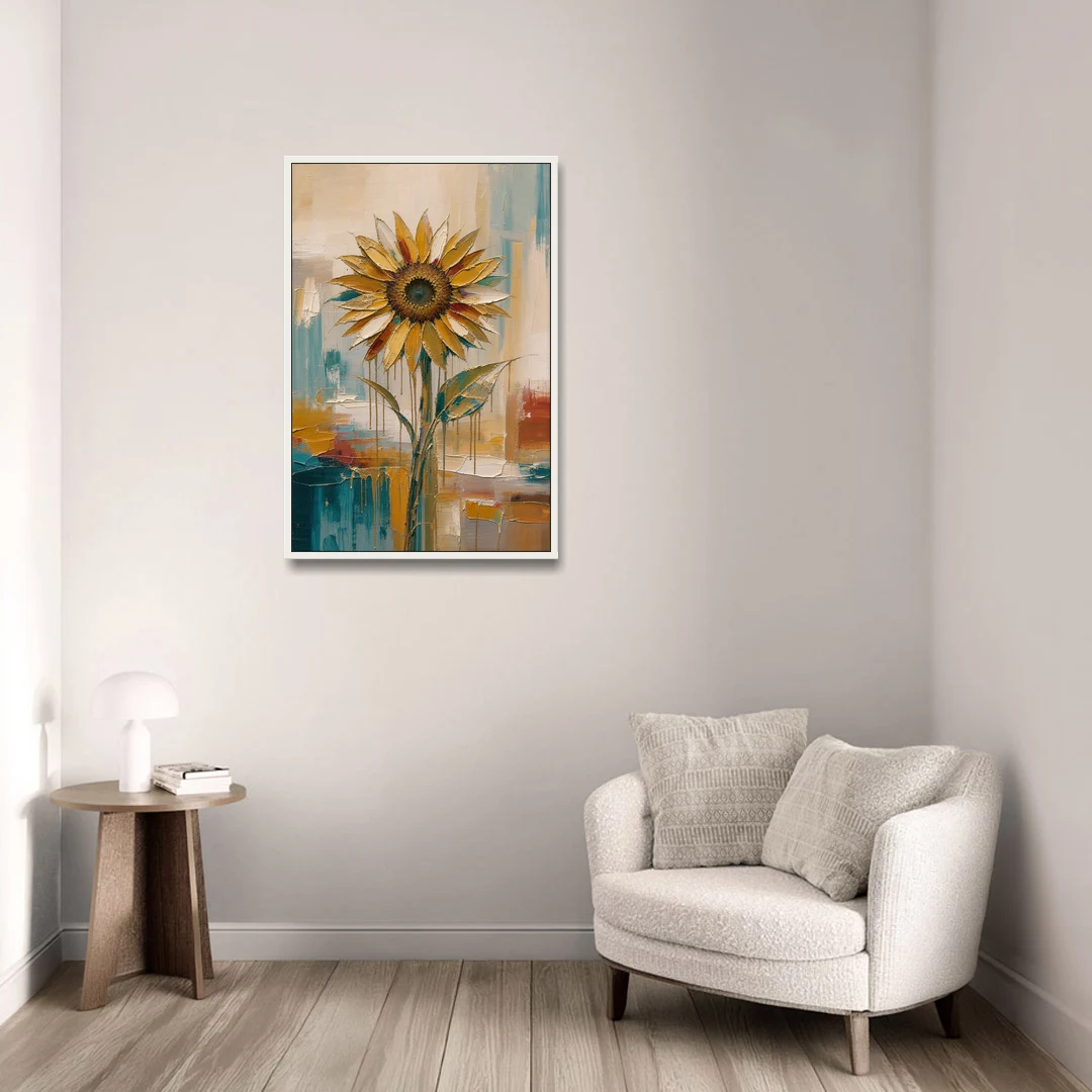 Abstract Sunflower Painting With Gold Drips - White Framed Canvas Wall Art - Sofa - 24x36