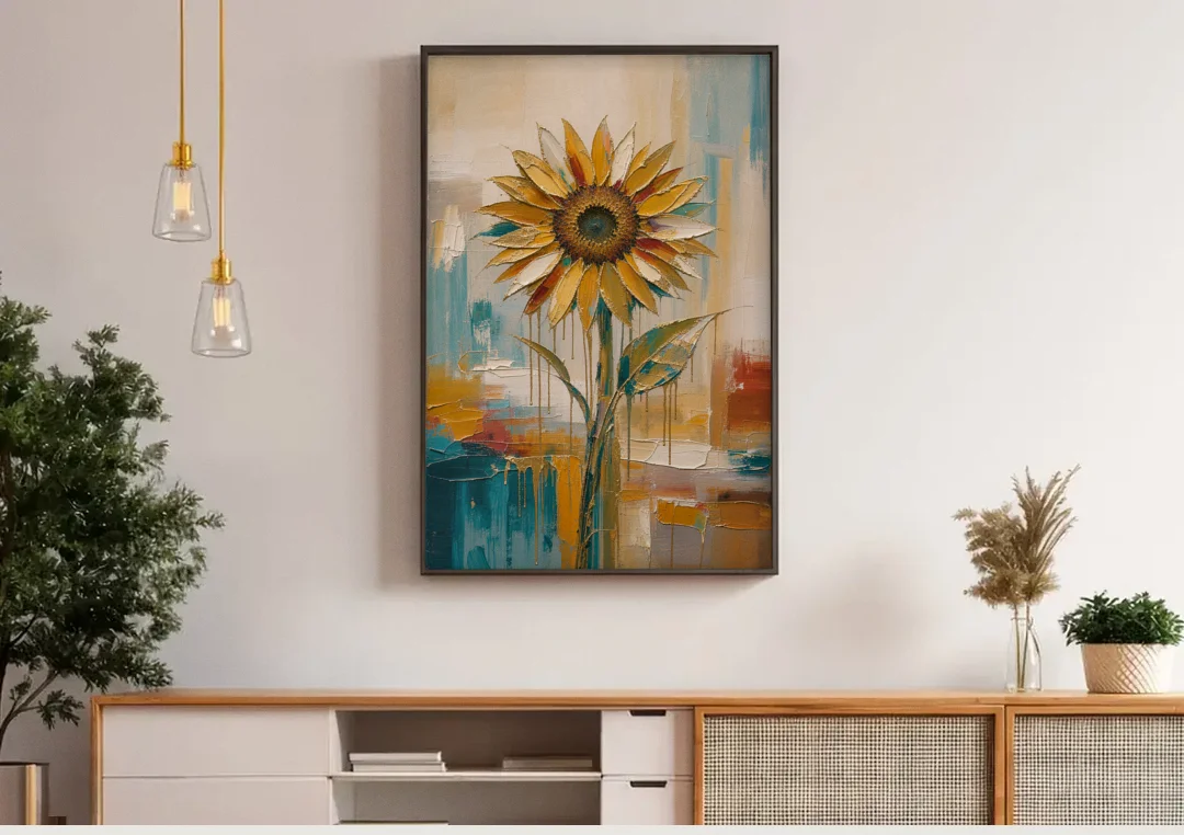 Abstract Sunflower Painting With Gold Drips canvas wall art above a wooden sideboard under pendant lights