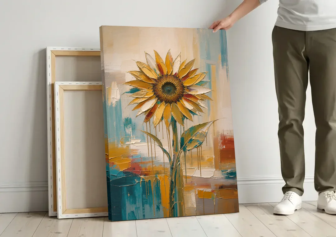 Abstract Sunflower Painting With Gold Drips canvas wall art leaning against a wall next to blank canvases