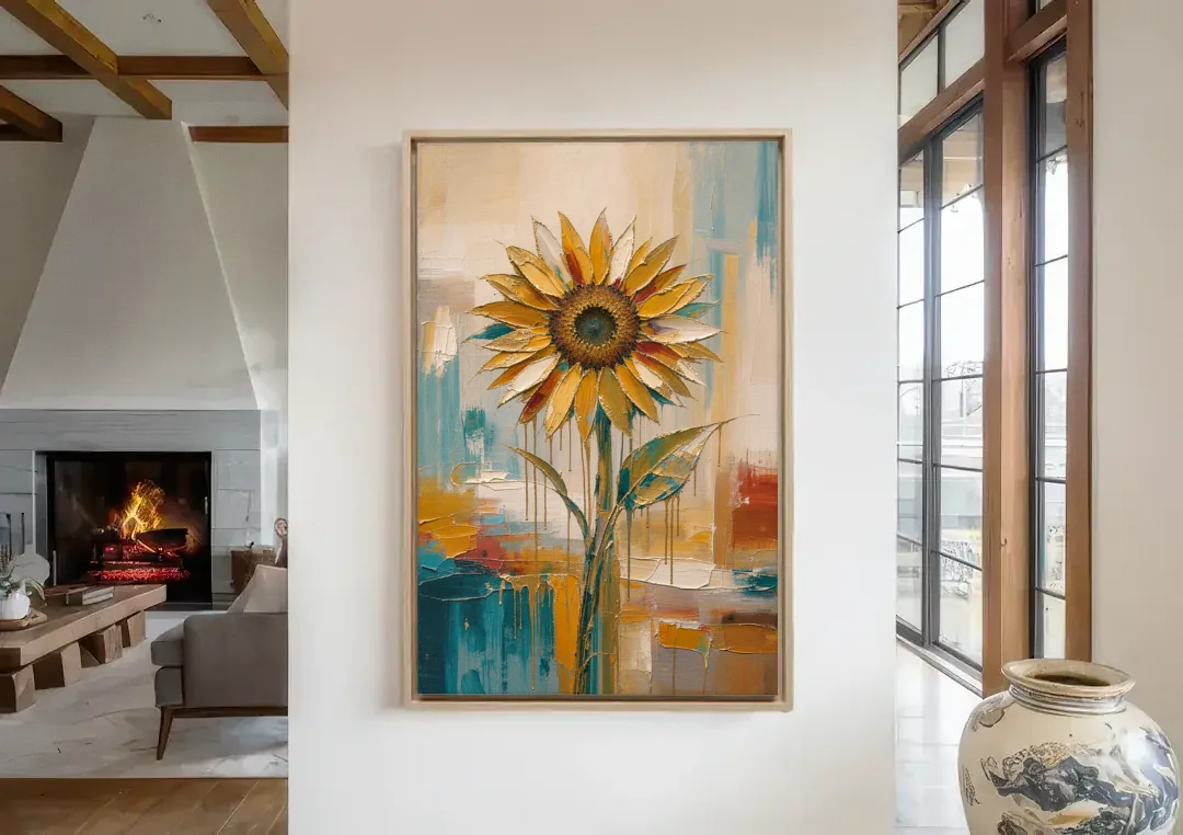 Abstract Sunflower Painting With Gold Drips canvas wall art in a living room with a fireplace