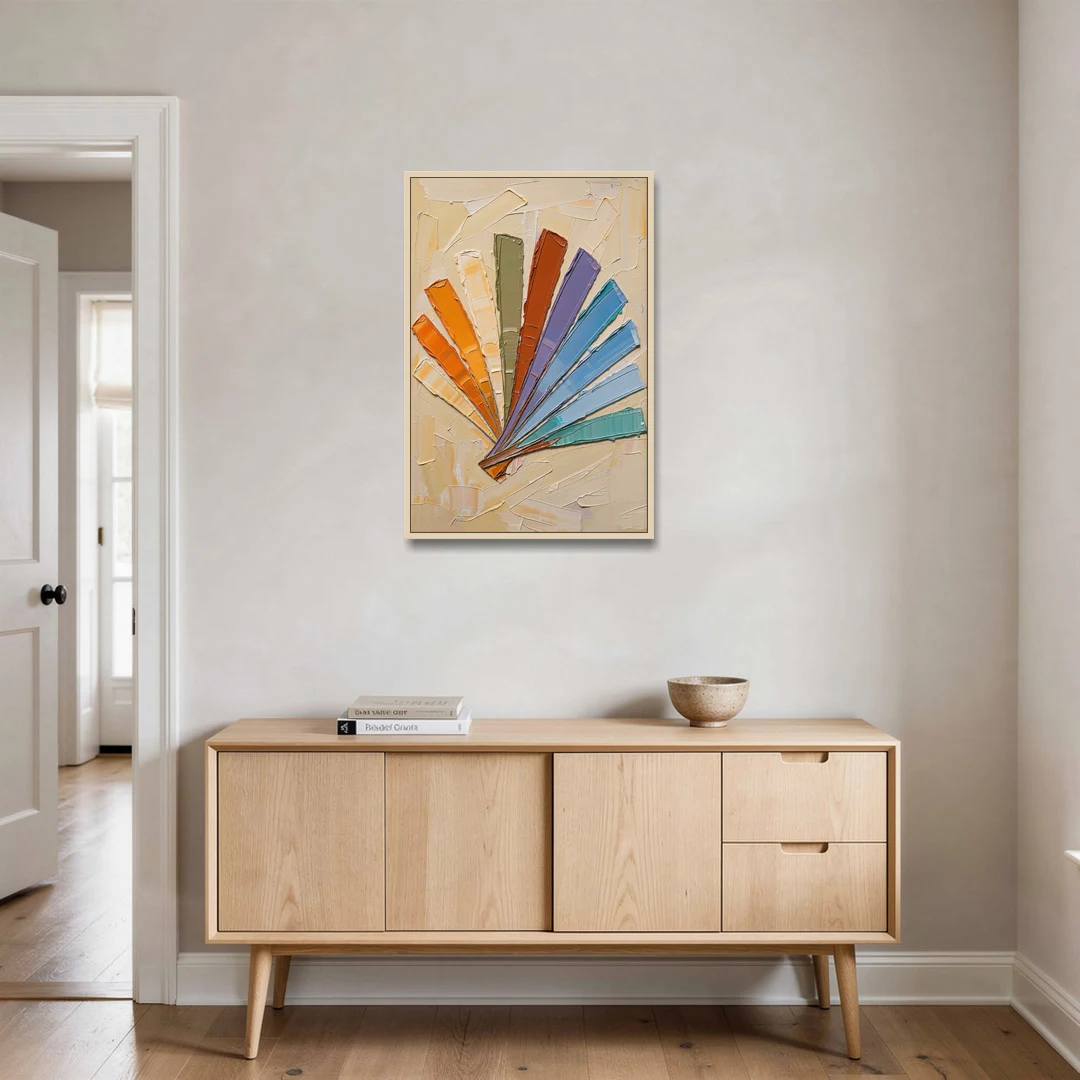 Abstract Sunset Knife Fan for the Dining Room - Oak Framed Canvas Wall Art - Coffee Table - 24x36