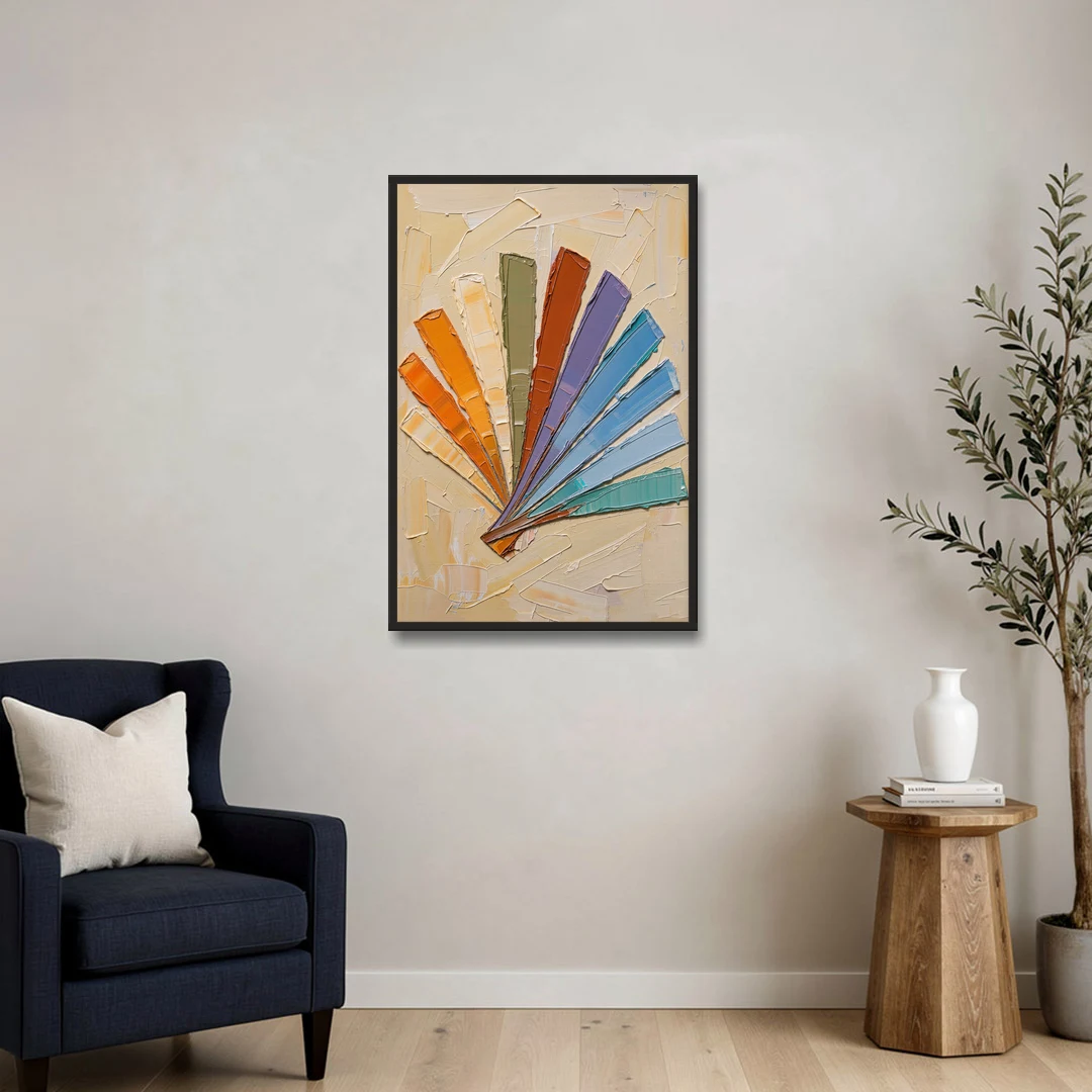 Abstract Sunset Knife Fan for the Dining Room - Black Framed Canvas Wall Art - Sofa - 24x36