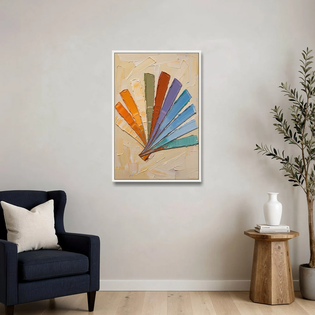 Abstract Sunset Knife Fan for the Dining Room - White Framed Canvas Wall Art - Sofa - 24x36