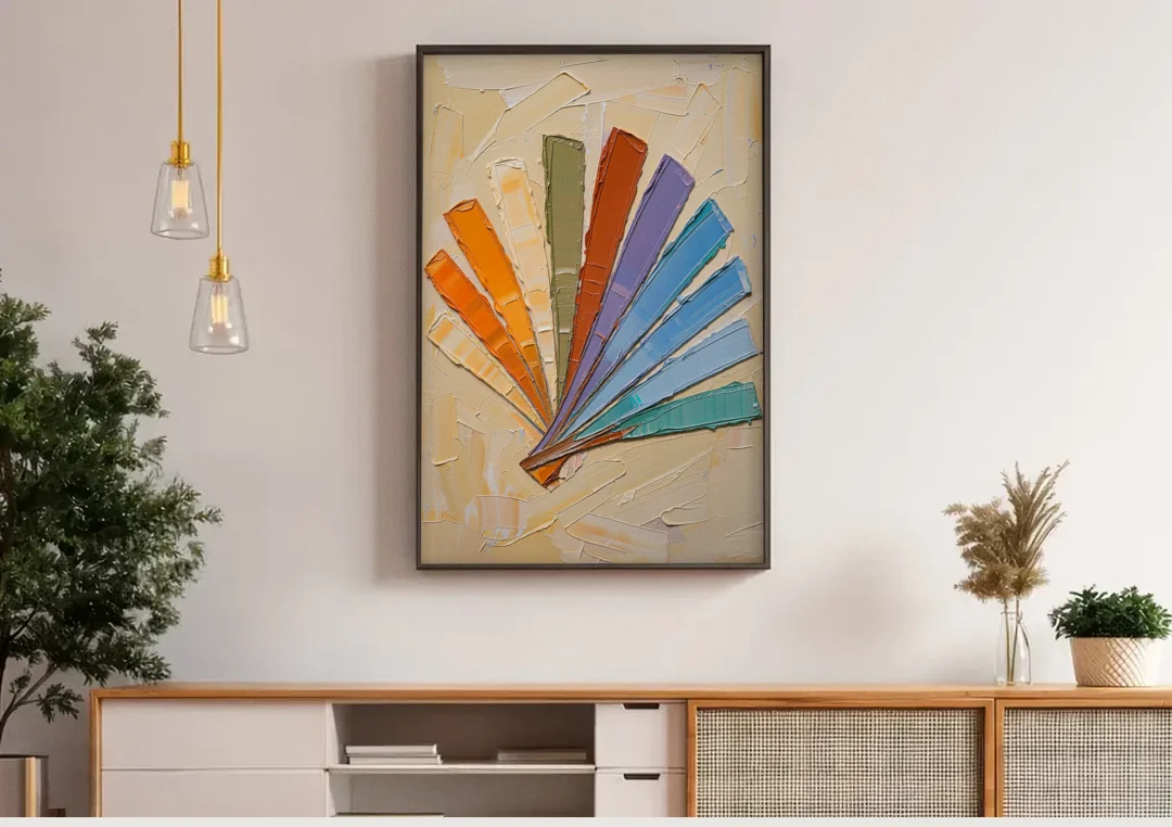 Abstract Sunset Knife Fan for the Dining Room canvas wall art above a wooden sideboard under pendant lights