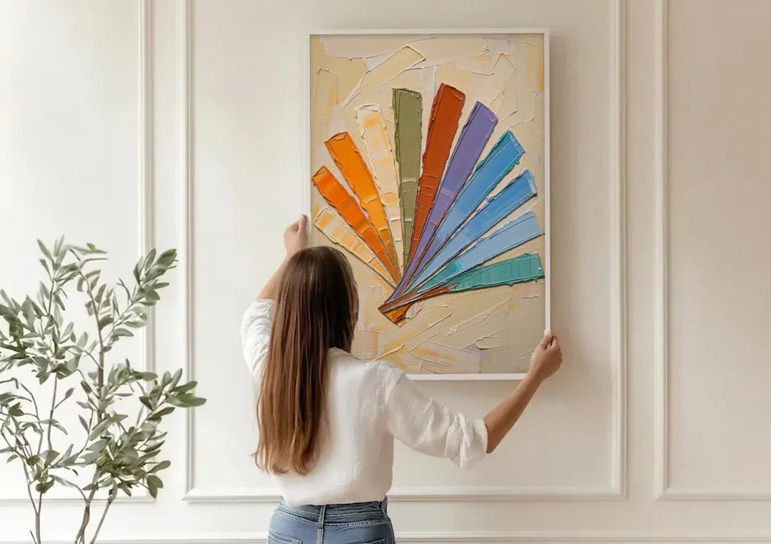 Abstract Sunset Knife Fan for the Dining Room canvas wall art being hung on a paneled wall
