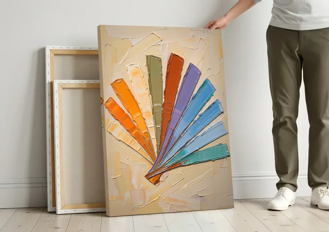 Abstract Sunset Knife Fan for the Dining Room canvas wall art leaning against a wall next to blank canvases