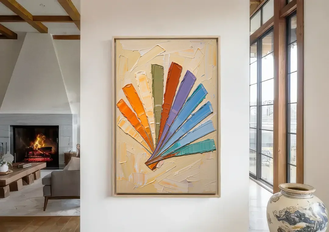 Abstract Sunset Knife Fan for the Dining Room canvas wall art in a living room with a fireplace
