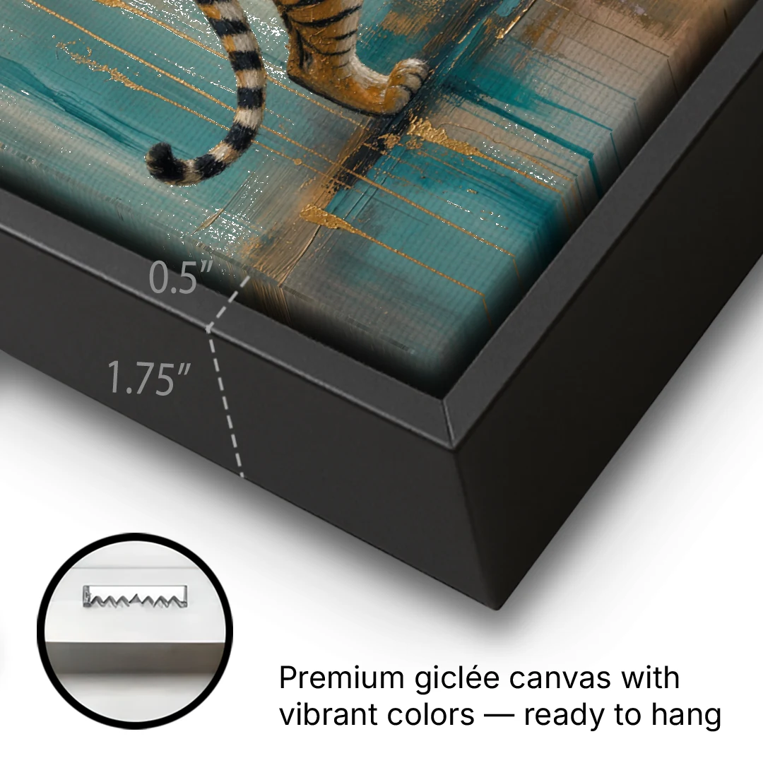 Abstract Tiger Painting with Gold Drips - Black Framed Canvas Wall Art - Gallery Wrap Corner