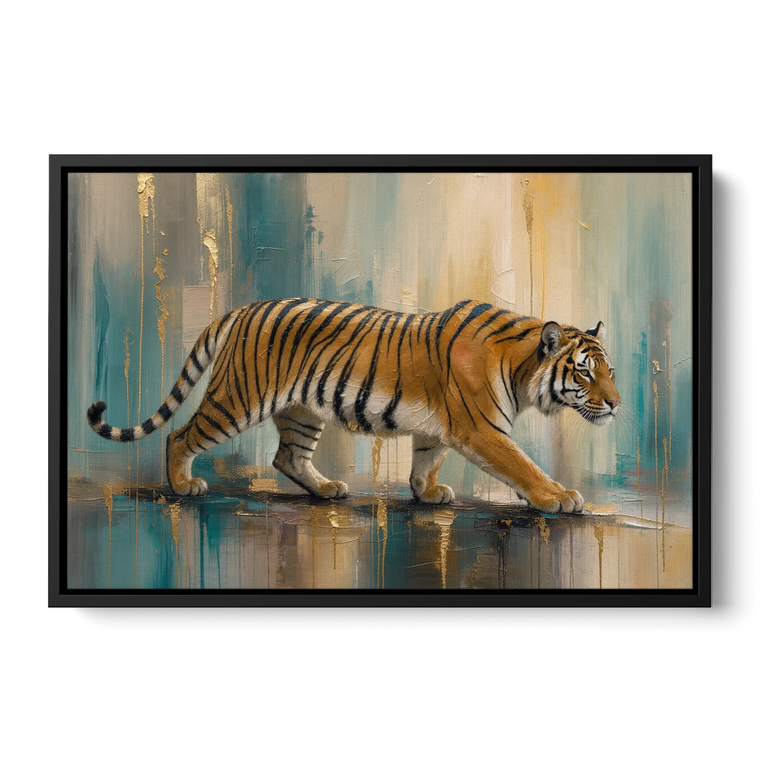 Abstract Tiger Painting with Gold Drips - Black Framed Canvas Wall Art - Front