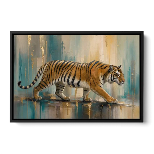Abstract Tiger Painting with Gold Drips - Black Framed Canvas Wall Art - Front