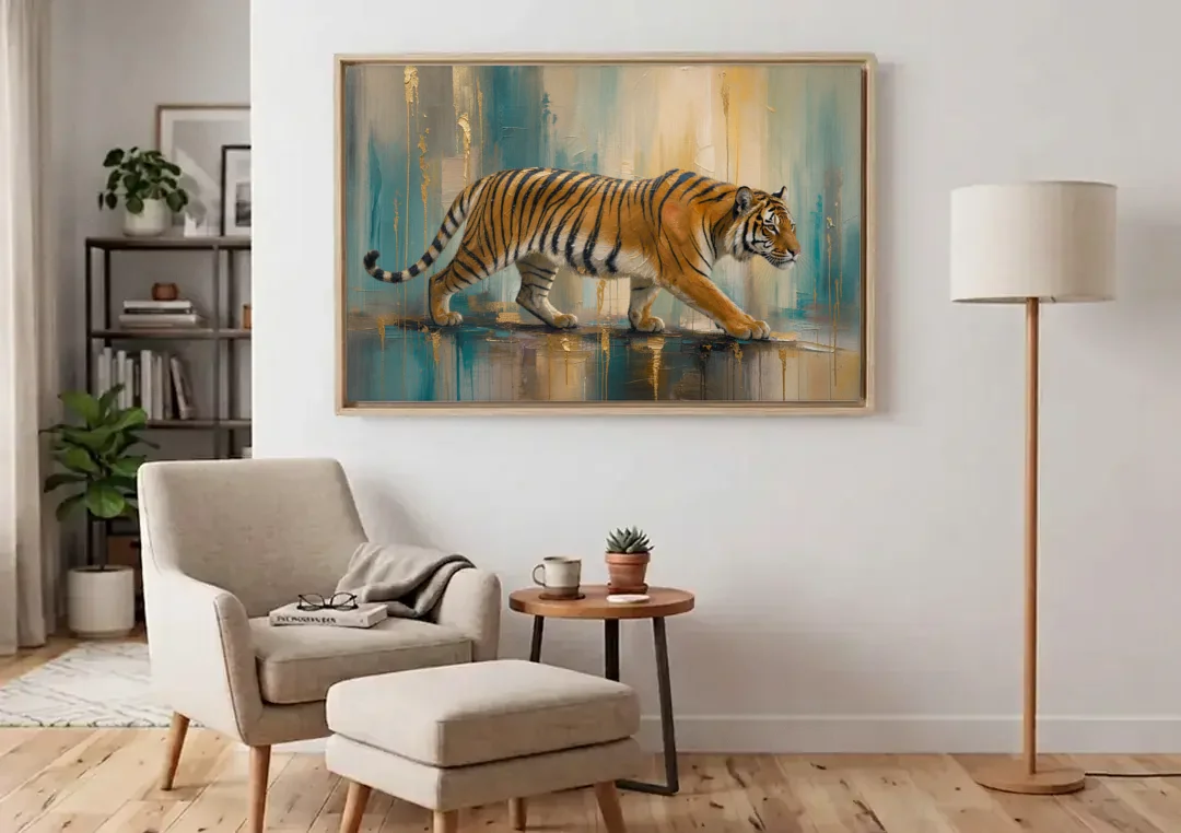 Abstract Tiger Painting with Gold Drips canvas wall art above an armchair in a bright living room