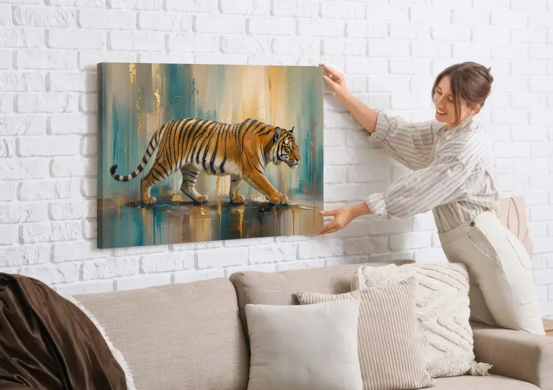 Abstract Tiger Painting with Gold Drips canvas wall art being hung on a white brick wall above a sofa
