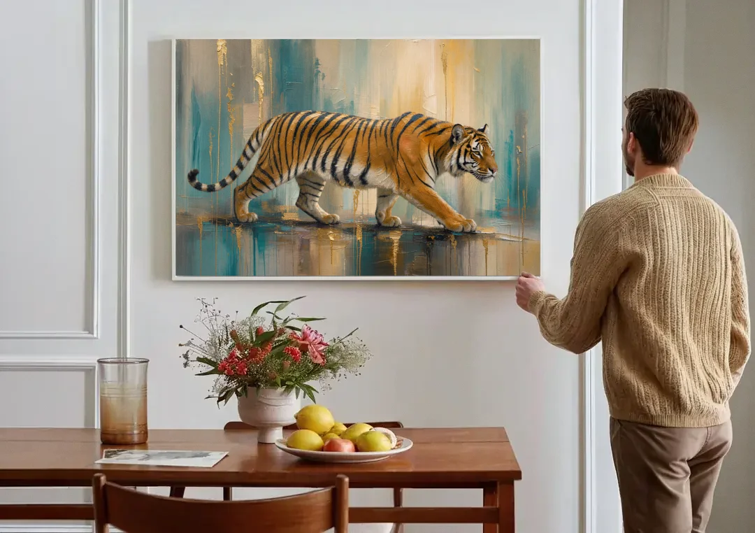 Abstract Tiger Painting with Gold Drips canvas wall art above a dining table