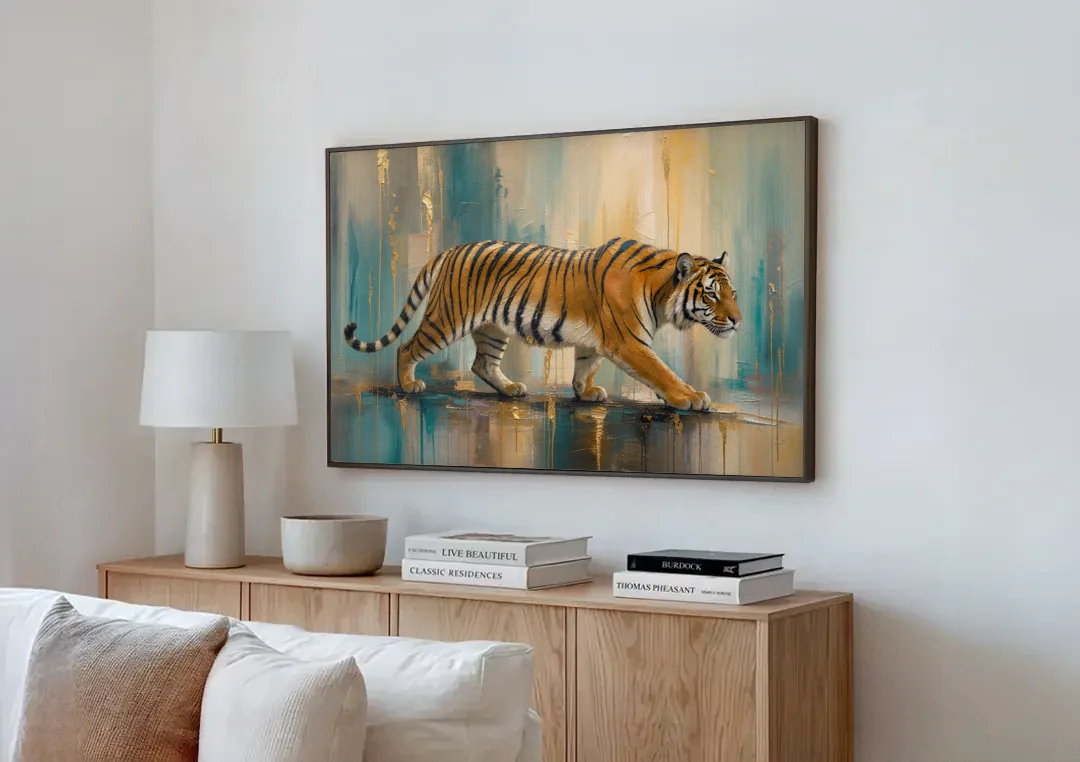 Abstract Tiger Painting with Gold Drips canvas wall art above a wooden sideboard next to a sofa