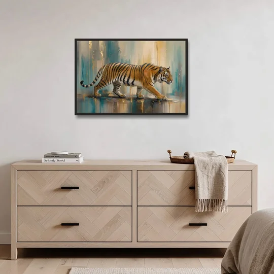 Abstract Tiger Painting with Gold Drips - Black Framed Canvas Wall Art - Coffee Table - 36x24