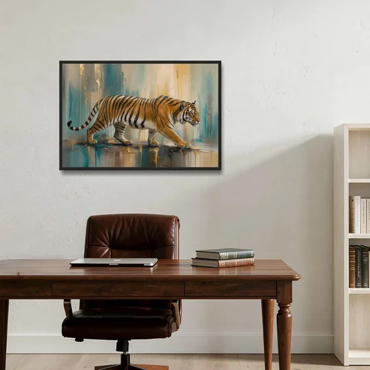 Abstract Tiger Painting with Gold Drips - Black Framed Canvas Wall Art - Office - 36x24