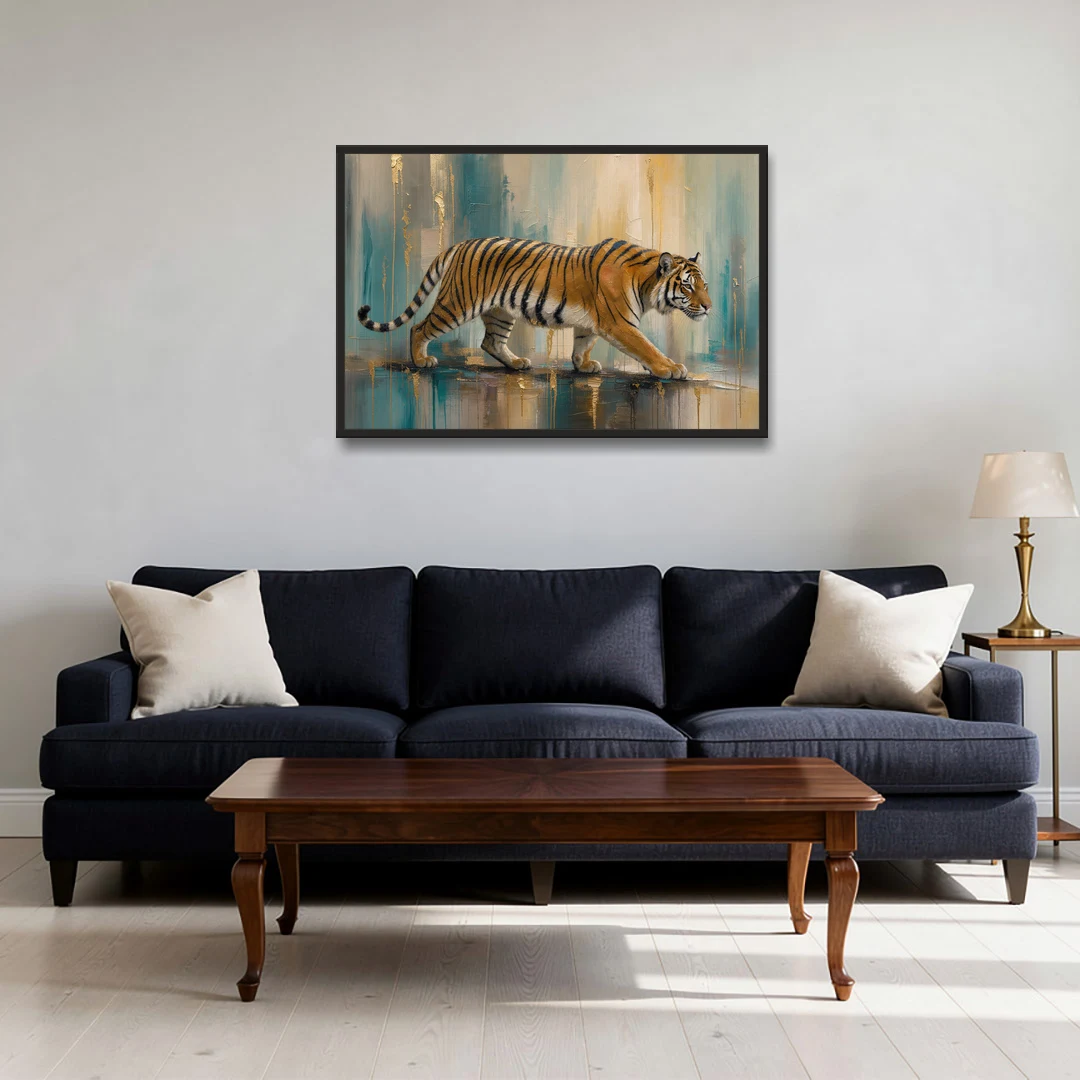 Abstract Tiger Painting with Gold Drips - Black Framed Canvas Wall Art - Sofa - 36x24