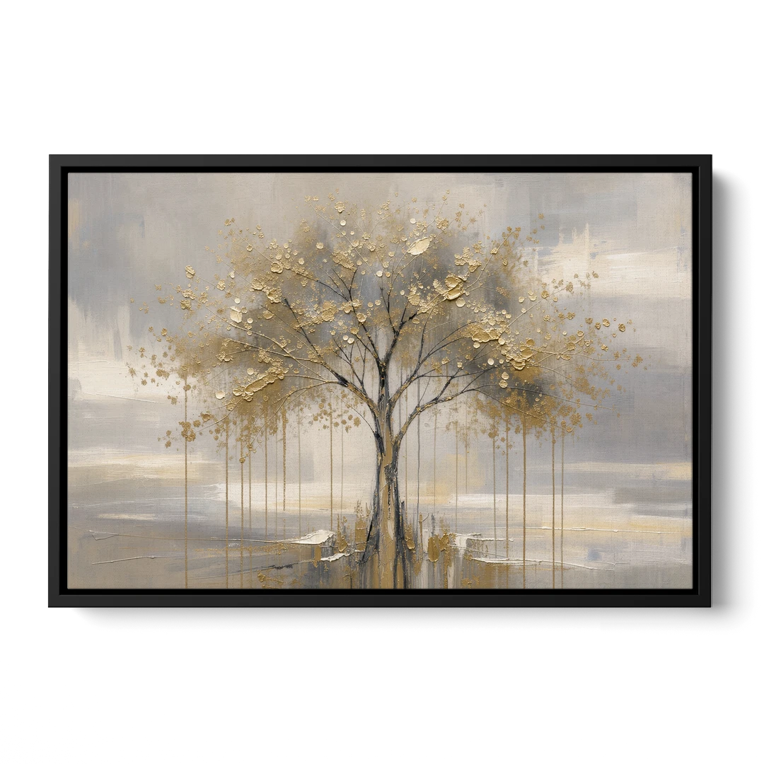 Abstract Tree Painting in Gold Leaf and Cream - Black Framed Canvas Wall Art - Front