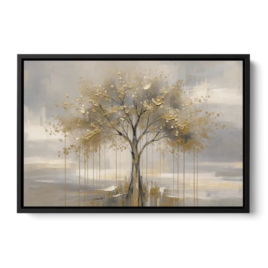 Abstract Tree Painting in Gold Leaf and Cream - Black Framed Canvas Wall Art - Front