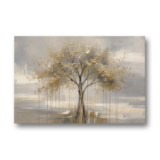 Abstract Tree Painting in Gold Leaf and Cream - Canvas Wall Art - Front