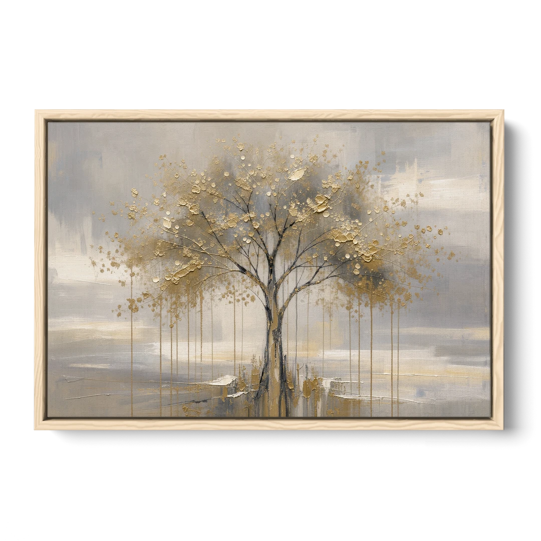 Abstract Tree Painting in Gold Leaf and Cream - Oak Framed Canvas Wall Art - Front