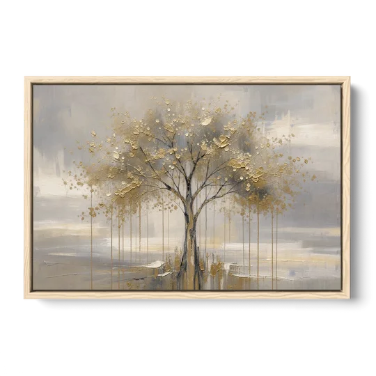 Abstract Tree Painting in Gold Leaf and Cream - Oak Framed Canvas Wall Art - Front