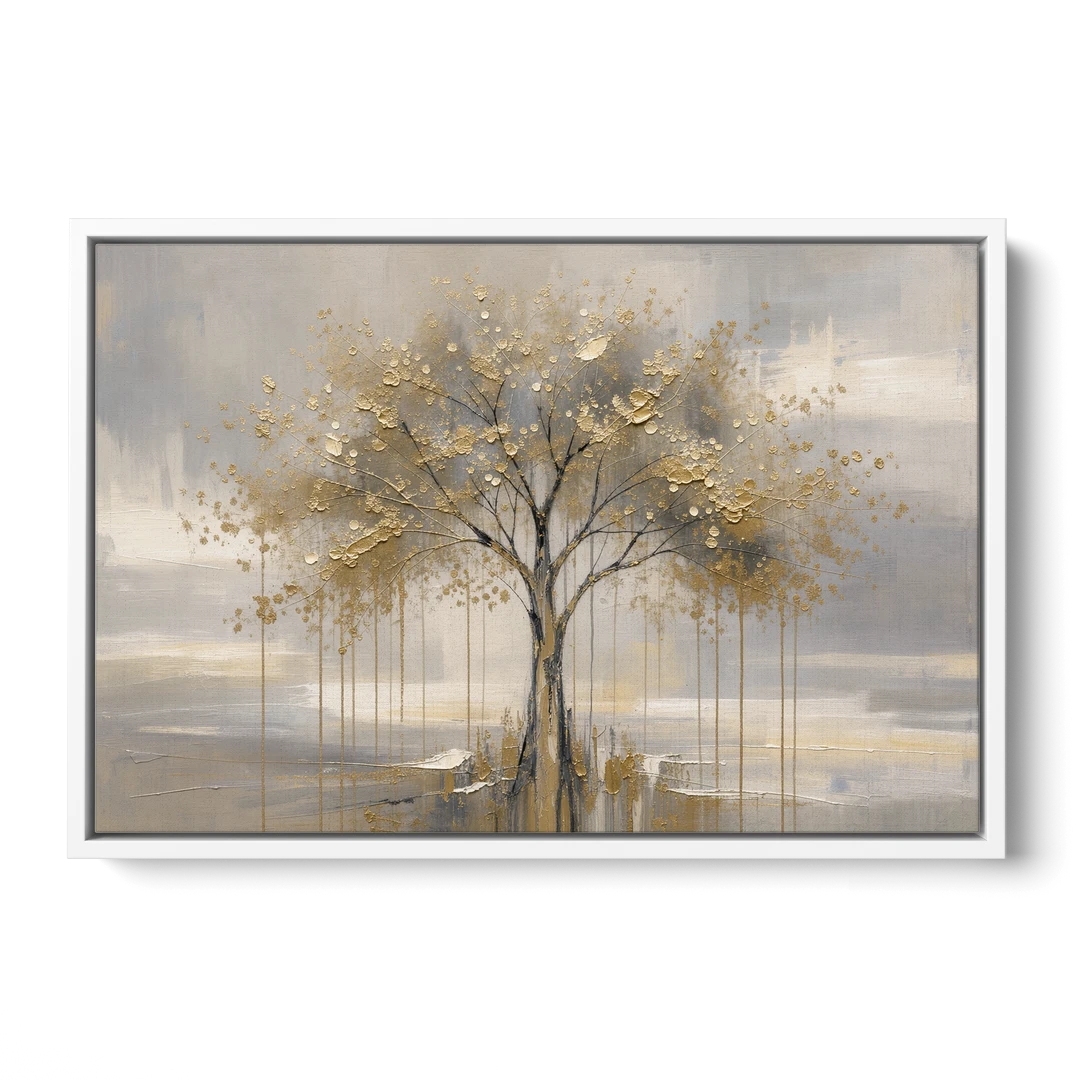 Abstract Tree Painting in Gold Leaf and Cream - White Framed Canvas Wall Art - Front