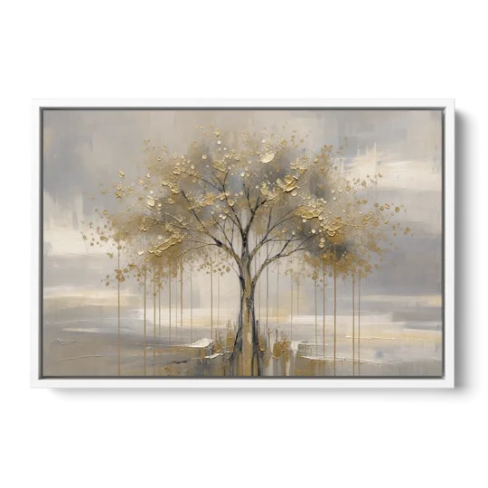 Abstract Tree Painting in Gold Leaf and Cream - White Framed Canvas Wall Art - Front