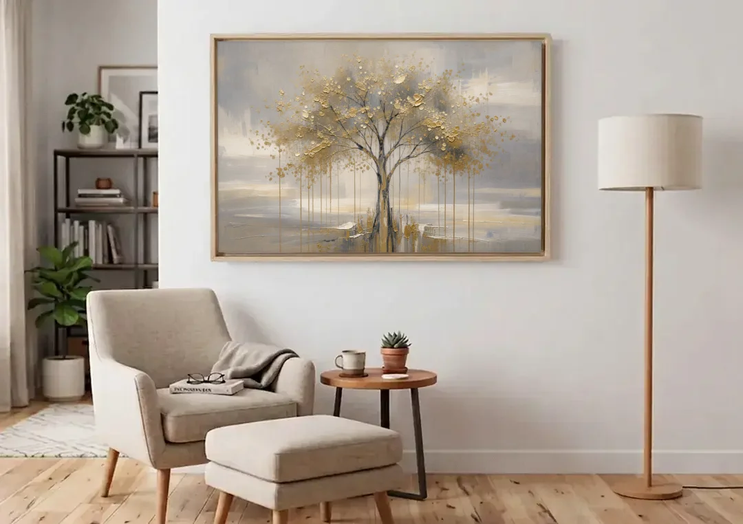 Abstract Tree Painting in Gold Leaf and Cream canvas wall art above an armchair in a bright living room
