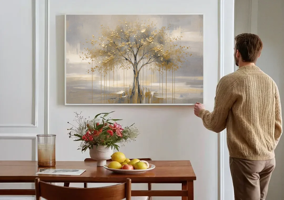 Abstract Tree Painting in Gold Leaf and Cream canvas wall art above a dining table