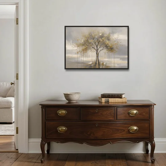 Abstract Tree Painting in Gold Leaf and Cream - Black Framed Canvas Wall Art - Coffee Table - 36x24