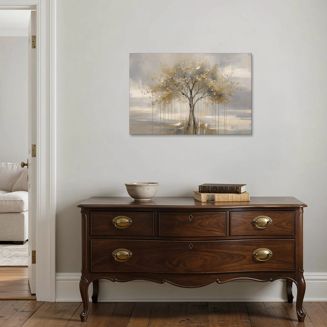 Abstract Tree Painting in Gold Leaf and Cream - Canvas Wall Art - Coffee Table - 36x24
